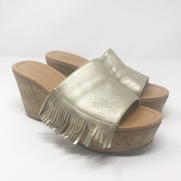 Marc Fisher Shawni Gold Fringe Wedge Sandals Size 8.5 - Picture 1 of 12